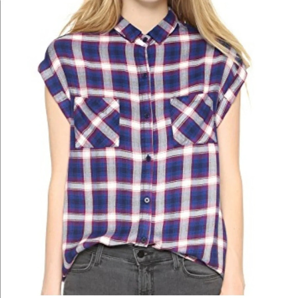 RAILS Rolled Short Sleeves Shirt Britt Blue on Red Plaid Button Down Top - Picture 1 of 13